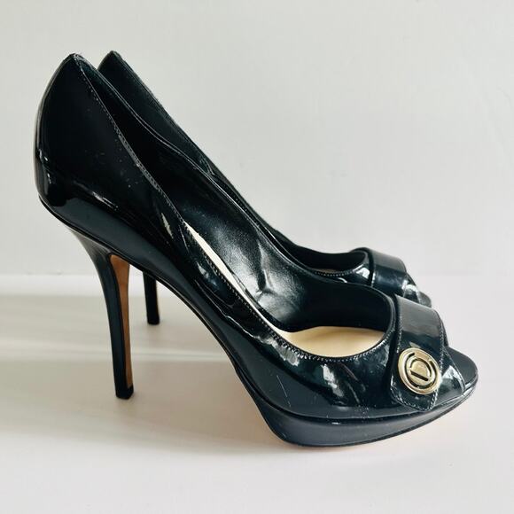Christian Dior Peep Toe Black Patent Leather Pump Size 40 Classic Formal Career - Picture 1 of 11